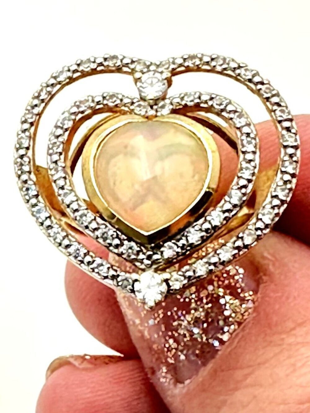 Chuck Clemency Womens Ring Sterling Silver Heart Opal White Topaz Diamond Ring